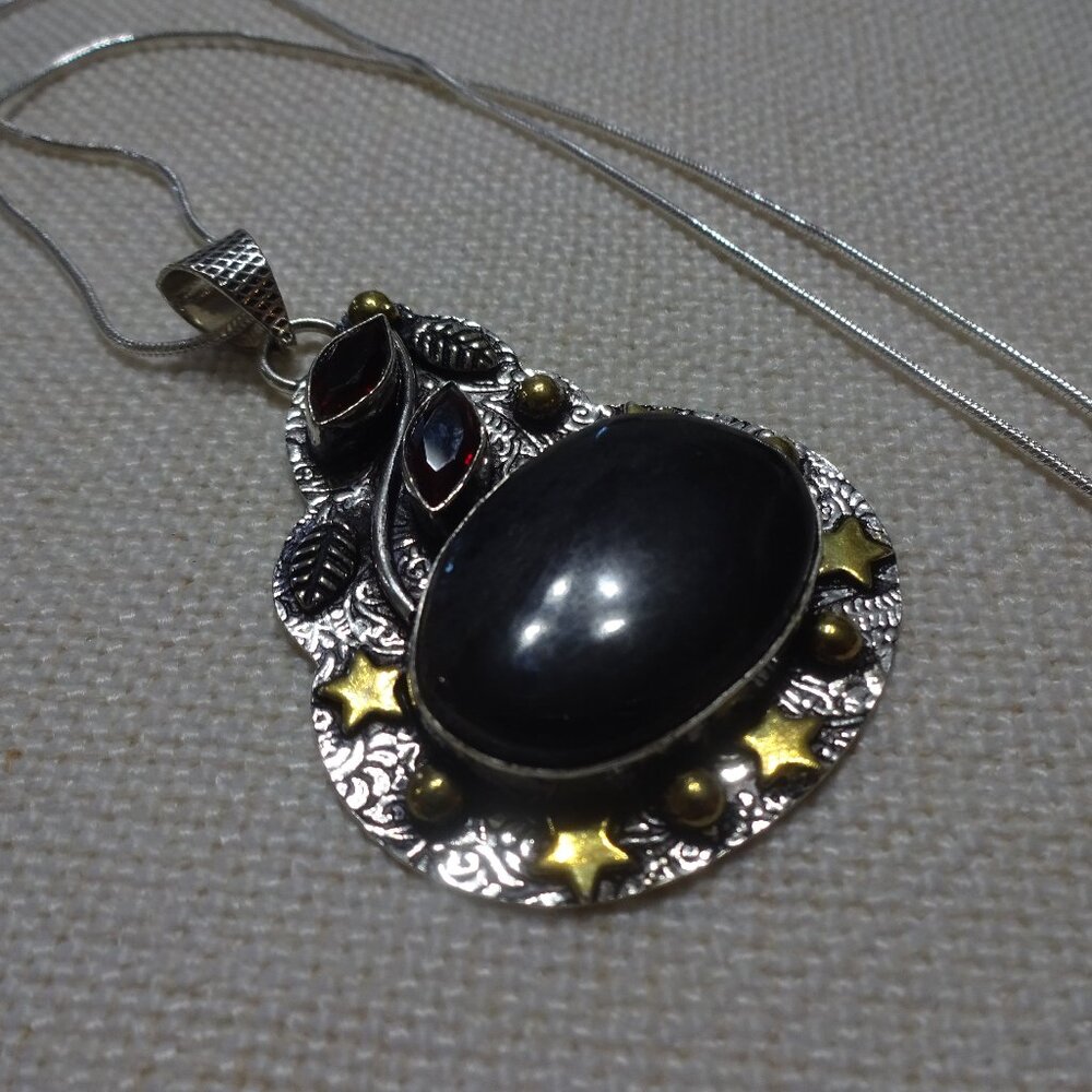 Unique IRON TIGERS EYE & RUBY Handmade Sterling & Gold Pendant/Chain #789B